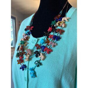 Handmade Multicolor Gemstone Animal Fetish Necklace Native American 3-Strand